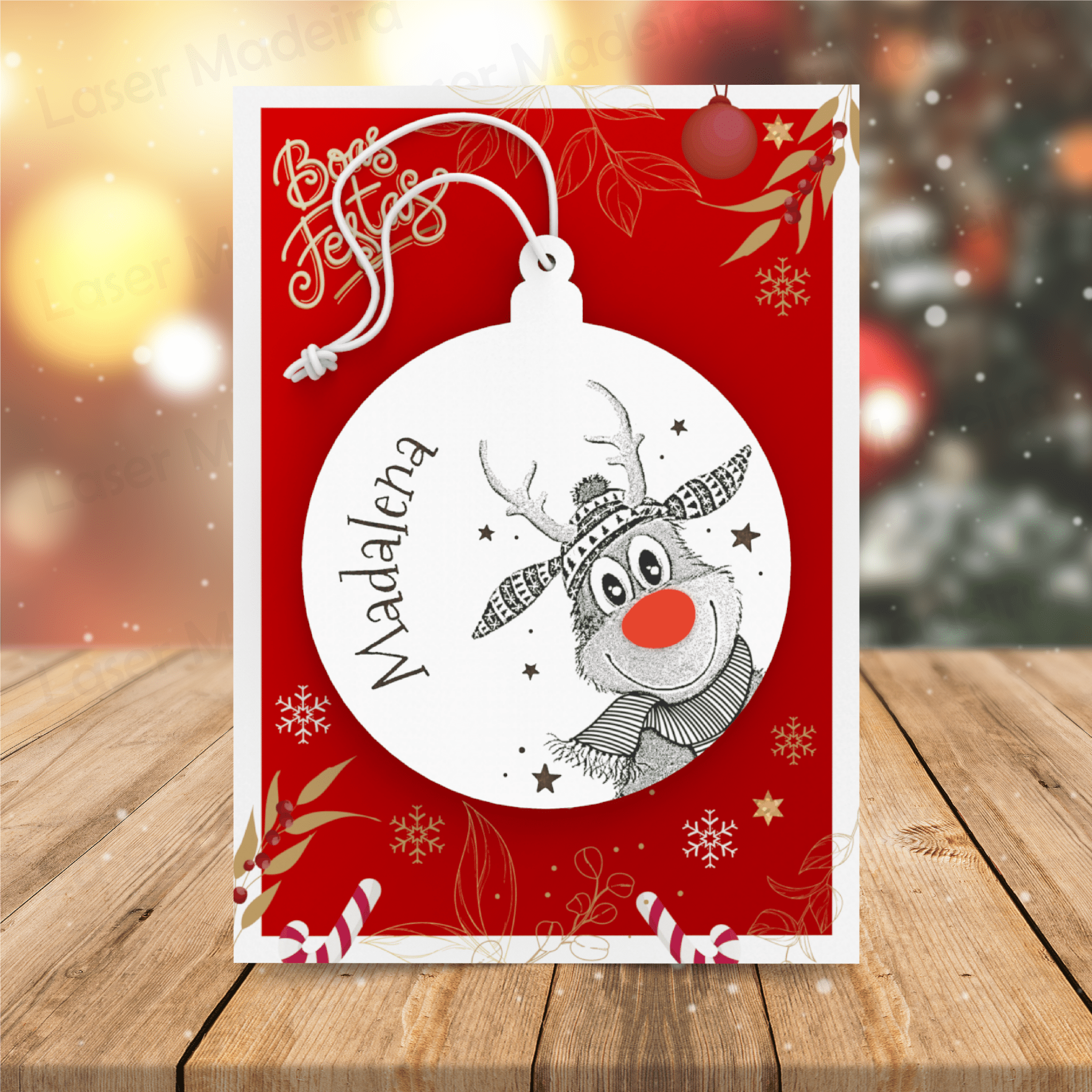 Bola de Natal Personalizada Rodolfo com nome - Laser Madeira